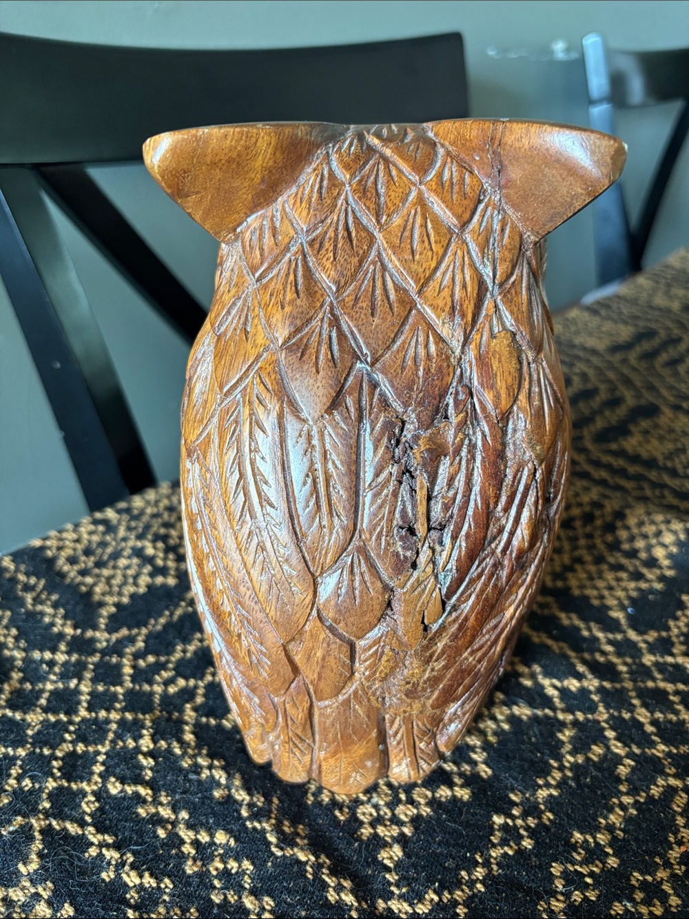 Hand-Carved Solid Wood Owl Sculpture - Picture 3 of 5